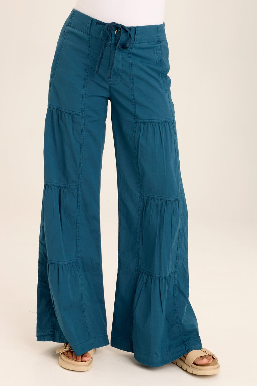 Tiered Wide Leg Drawstring Flare Ruched Pant