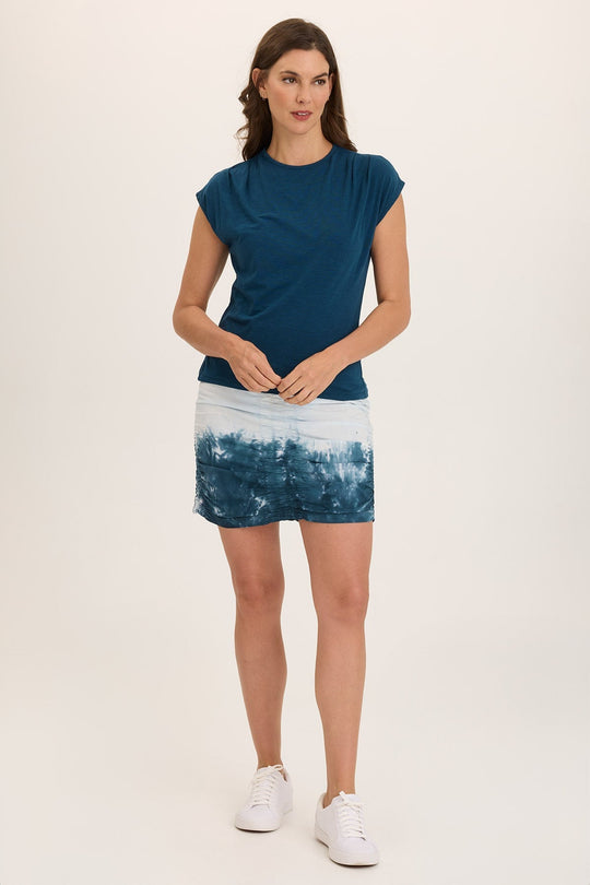 Trace Allover Ruched Pull-On Mini Skirt