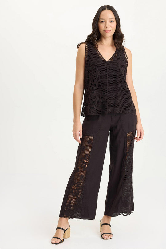 Rokel Linen/Crochet Ruched Wide Leg Pant