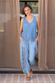 Rokel Linen/Crochet Ruched Wide Leg Pant