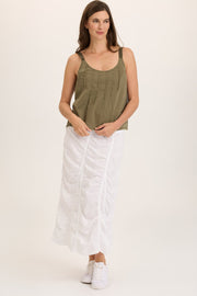 Linen Shirred Asymmetric Midi Skirt