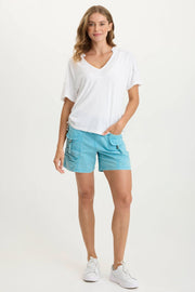 Prosper Poplin Ruched Buckle-Pockets Short