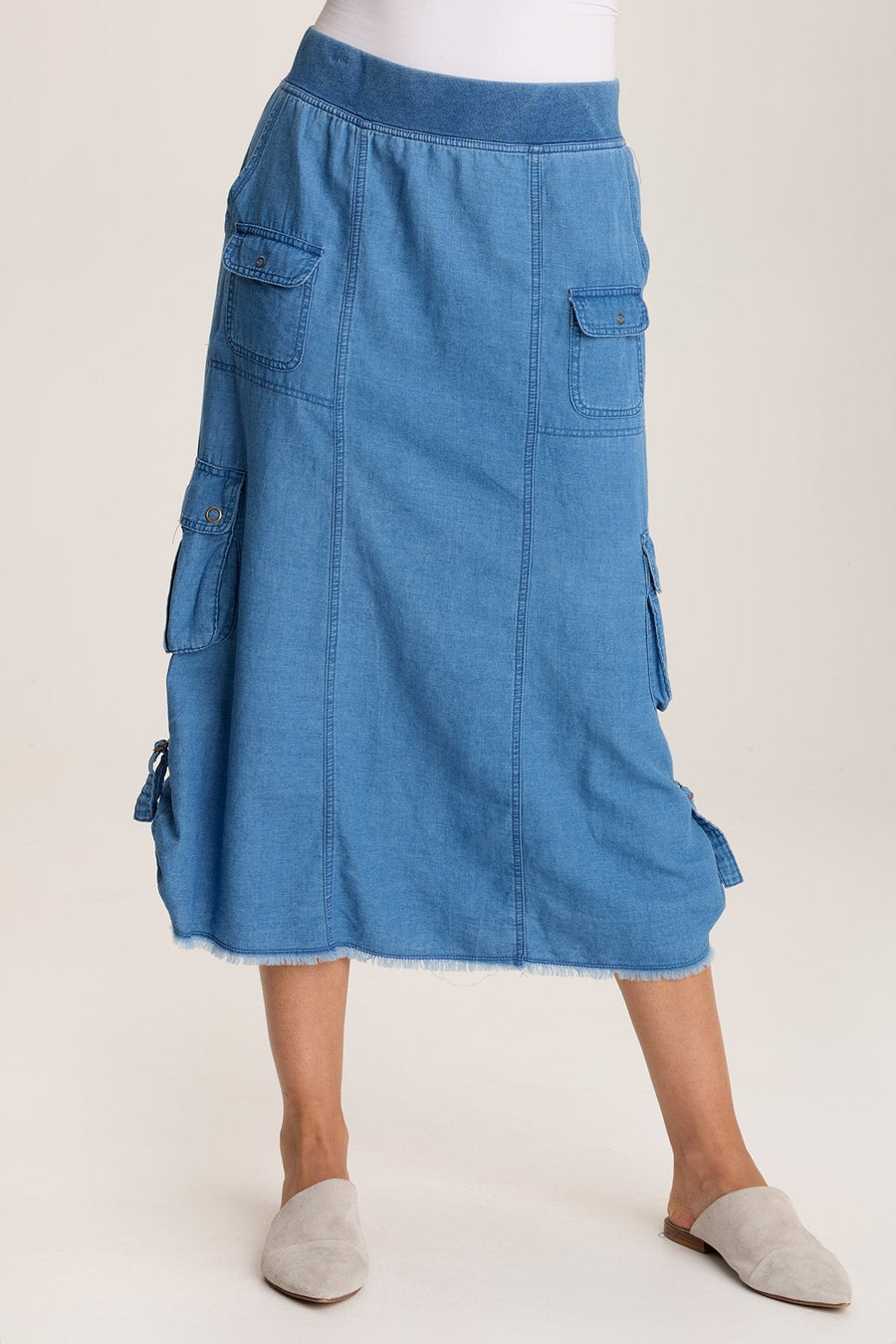 Chesney Mock-Denim Cargo Midi Skirt