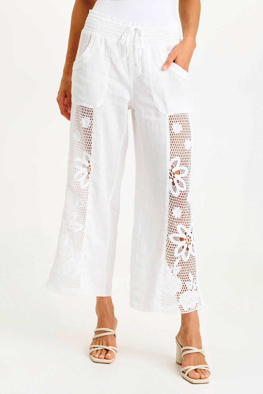 Rokel Linen/Crochet Ruched Wide Leg Pant
