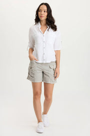 Prosper Poplin Ruched Buckle-Pockets Short