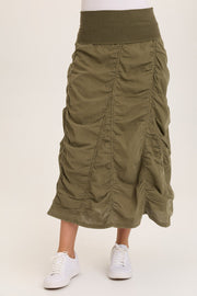 Linen Shirred Asymmetric Midi Skirt