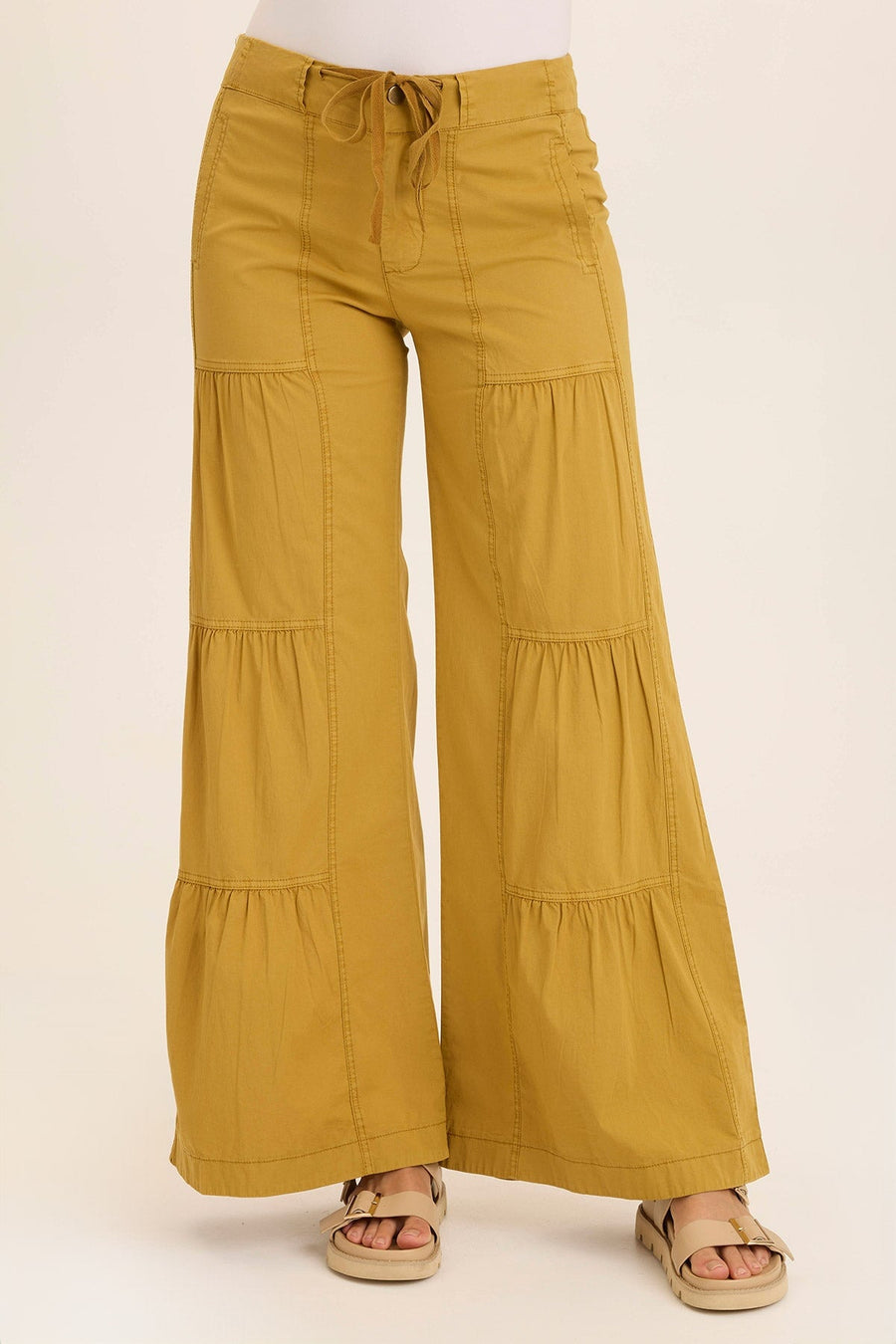 Tiered Wide Leg Drawstring Flare Ruched Pant