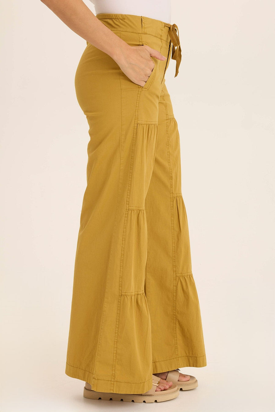 Tiered Wide Leg Drawstring Flare Ruched Pant