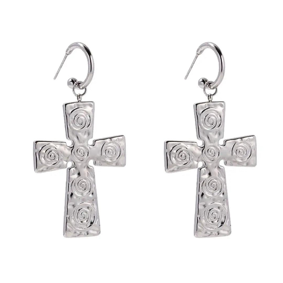 Silver Swirl Cross Earrings