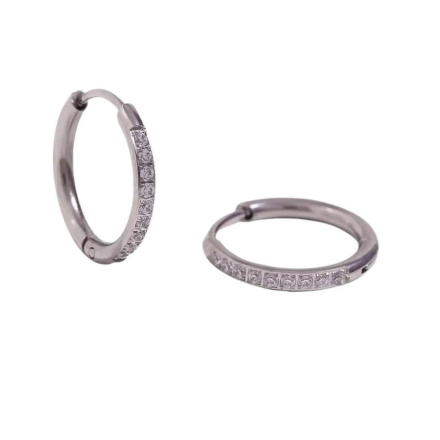 Thin Crystal Hoop Earrings - Silver