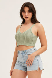 Green Cable Crop Knit Top