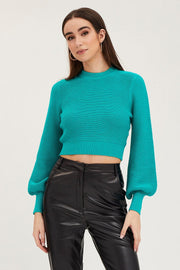 Green Knit Top Long Sleeve Crop Round Neck