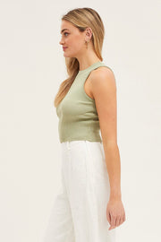 Green Knit Top Sleeveless Crop Round Neck