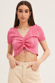 Pink Short Sleeve Ruched Knit Top