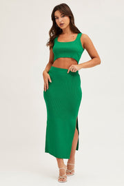 Green Knit Top Sleeveless Crop Square Neck
