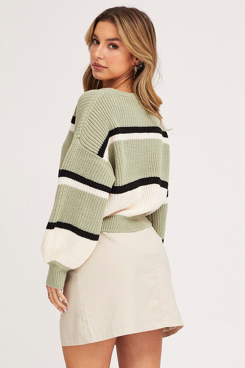 Stripe Knit Top Long Sleeve Crop