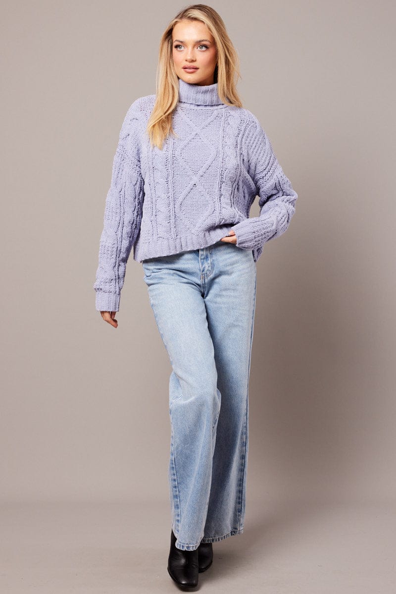 Blue Cable Knit Jumper High Neck