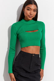 Green Knitted Cami Top And High Neck Shrug Set
