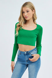 Green Knit Top Long Sleeve Crop
