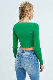 Green Knit Top Long Sleeve Crop