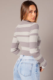 Grey Stripe Knit Top Long Sleeve High Neck