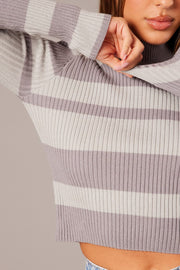 Grey Stripe Knit Top Long Sleeve High Neck