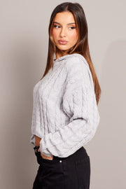 Grey Cable Knit Top Long Sleeve Hoodie