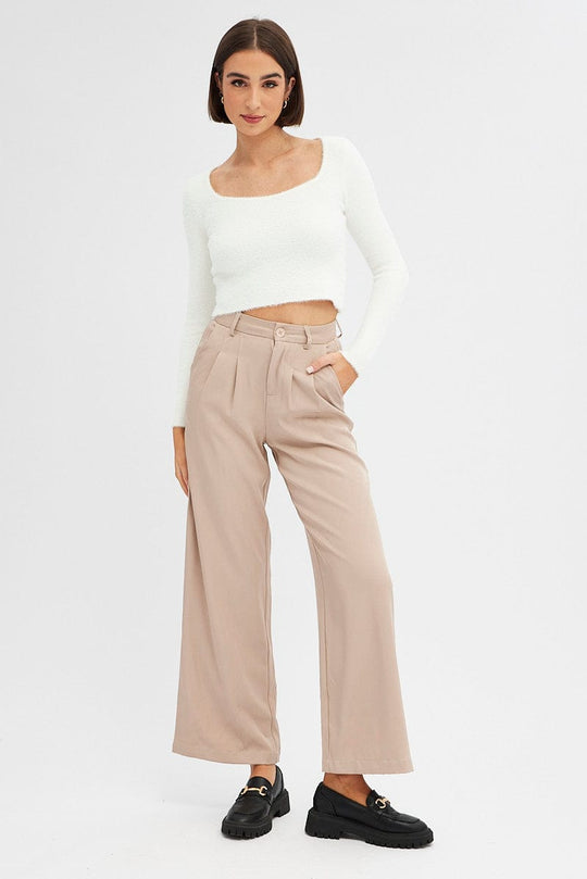 White Knit Top Long Sleeve Square Neck
