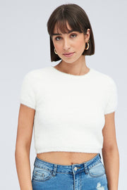 White Fluffy Knit Top Short Sleeve Crew Neck