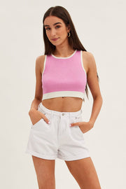 Pink Crop Top Knit Contrast Binding