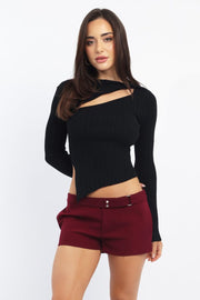 Black Knit Top Long Sleeve Cut Out