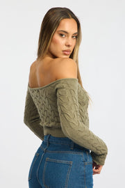 Green Cable Knit Top Long Sleeve Off Shoulder