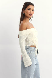 White Off Shoulder Top Long Sleeve Ruched
