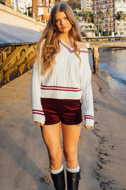 White Cable Knit Top Long Sleeve V-Neck