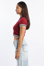 Red Knit Top Short Sleeve Collared