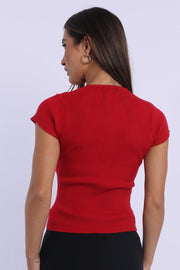Red Knit Top Short Sleeve Ribbed