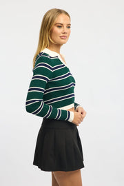 Green Stripe Knit Top Long Sleeve Collar