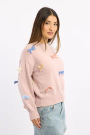 Pink Knit Top Long Sleeve Bow Trim