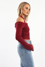 Red Knit Top Long Sleeve Off Shoulder Halter